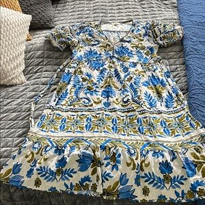 Anthropologie Fig snd Flower Elegant Floral Maxi Dress in Blue and Green Linen